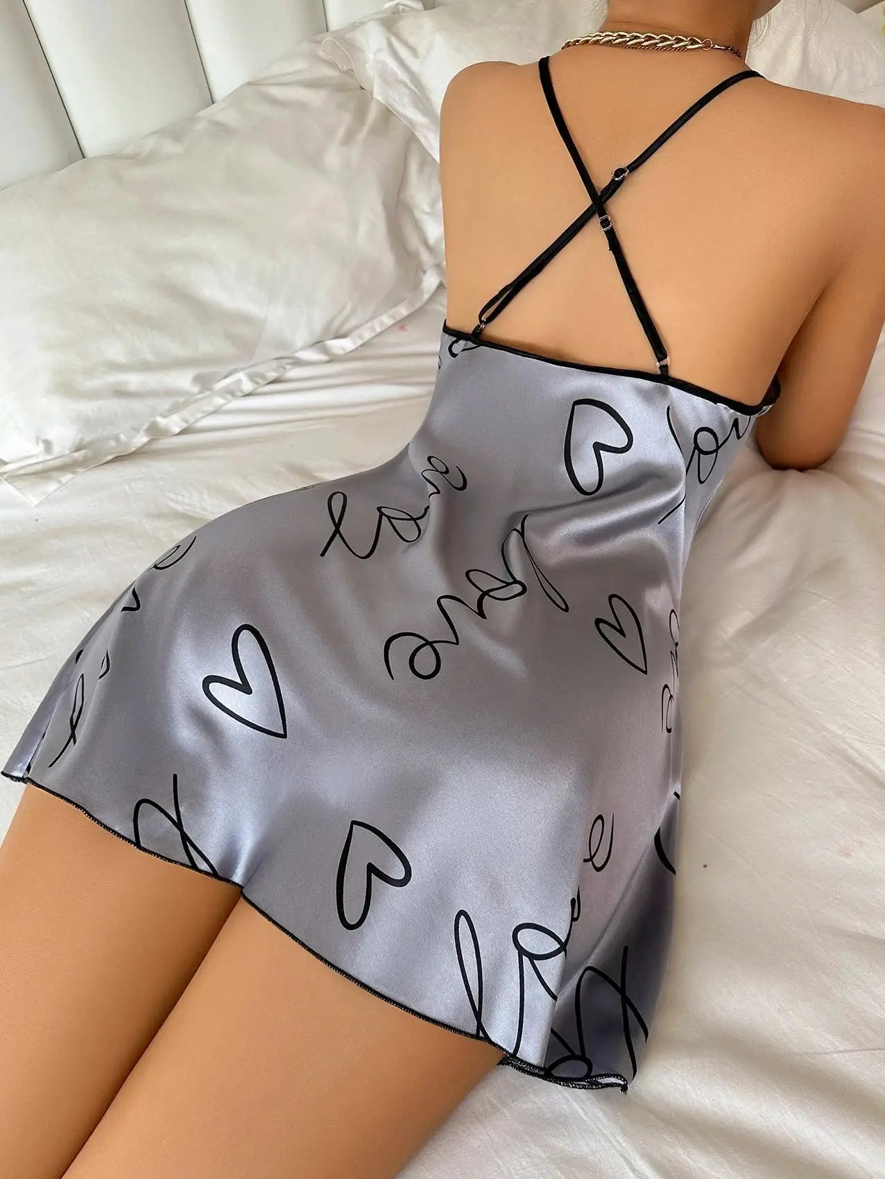 Heart Letter Print Nightdress Silk Polyester Blend Breathable Comfort Round Neck Spaghetti Straps For Women