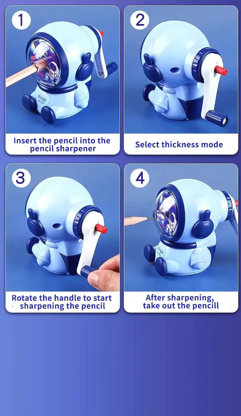 Blue astronaut cartoon pencil sharpener with hand-crank for school use