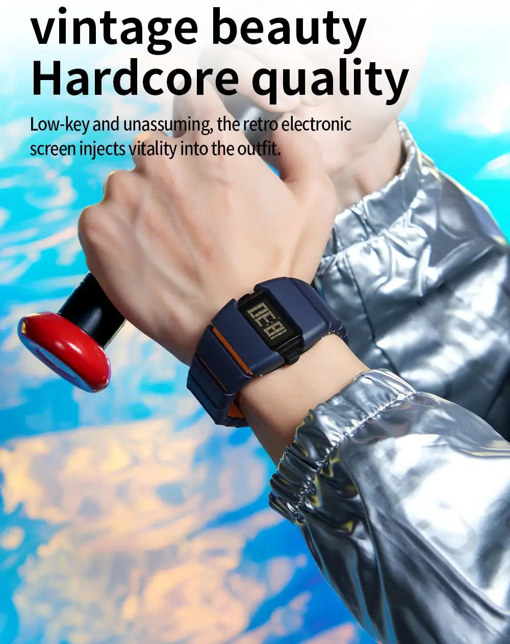 SANDA 9504 Y2K retro electronic watch on a blue strap with orange stripe and digital LED display