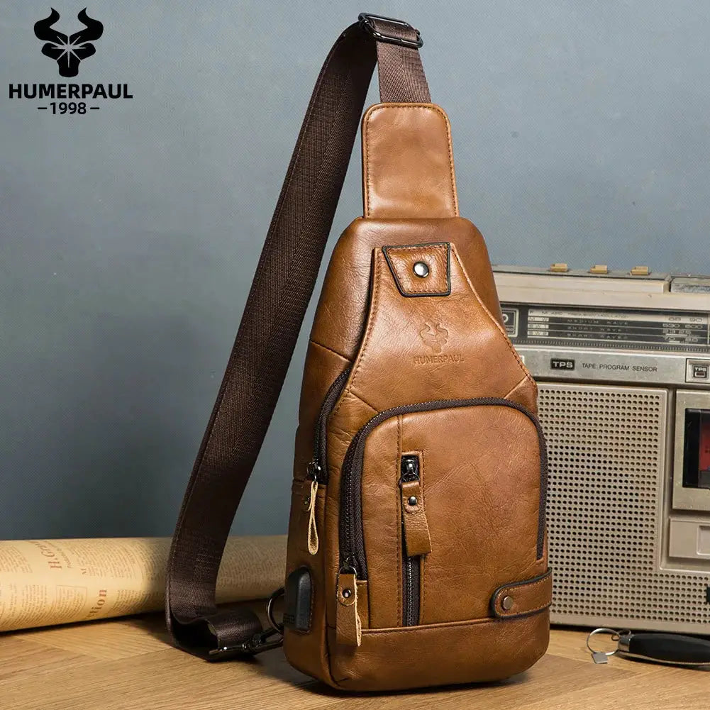 Chest bag by HUMERPAUL, genuine brown leather crossbody with multiple zip pockets and adjustable strap
