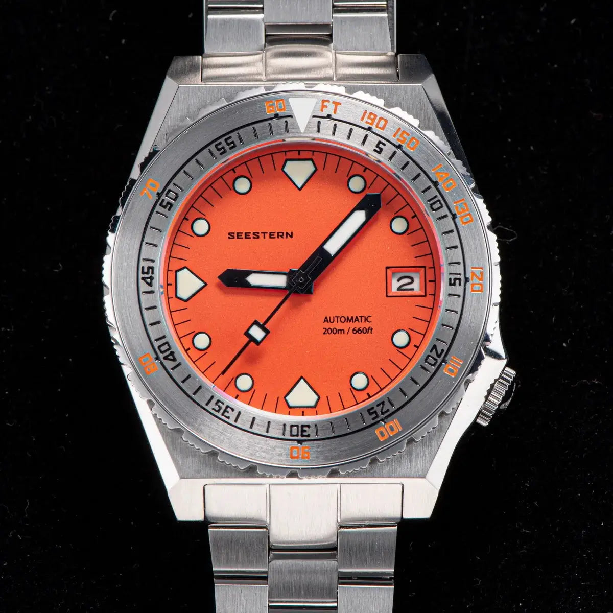 SEESTERN SUB600T V3 automatic diver watch with orange dial, date window, 200m water resistant, stainless steel bracelet