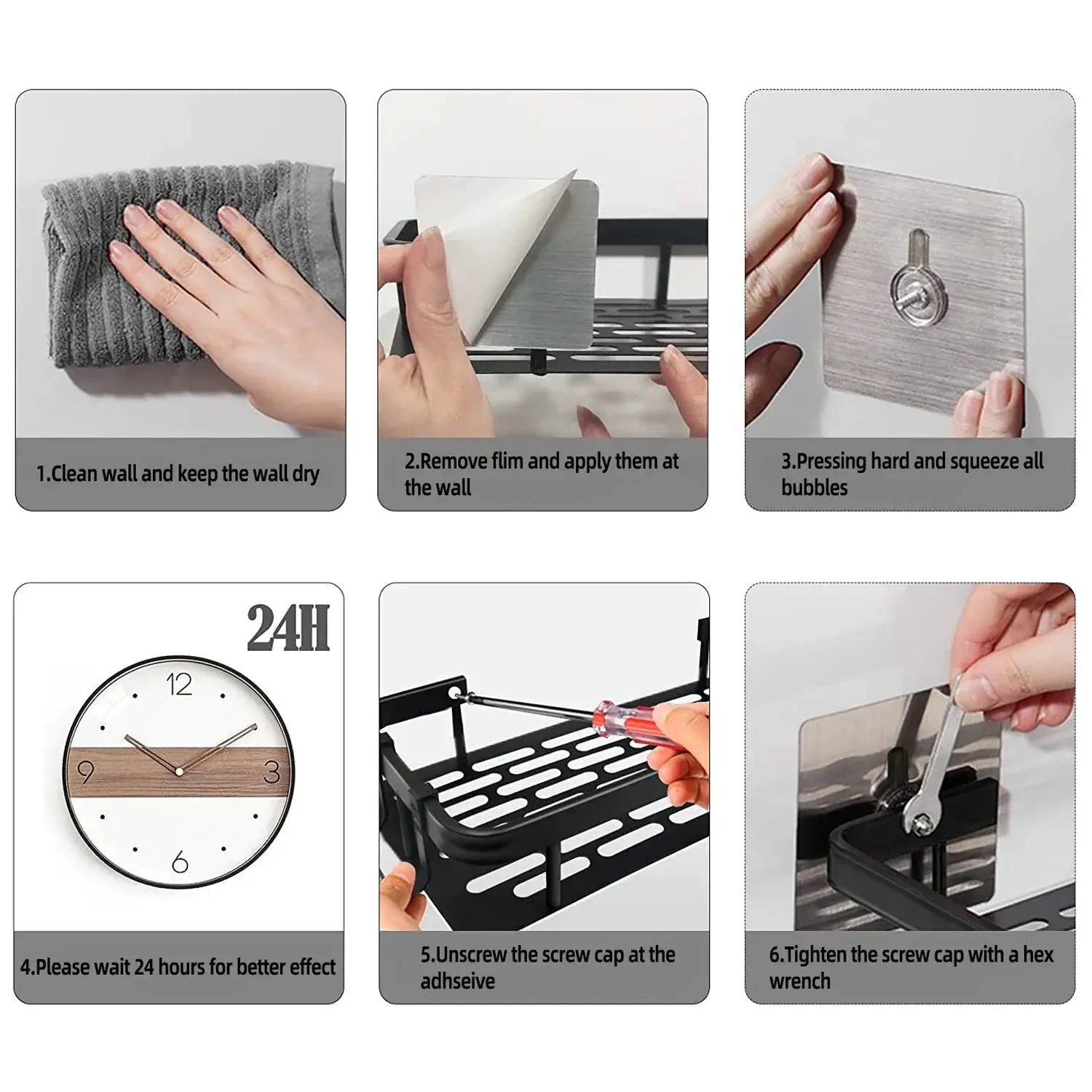 Bathroom storage rack no-drill wall-mounted corner shelf with adhesive installation steps guide