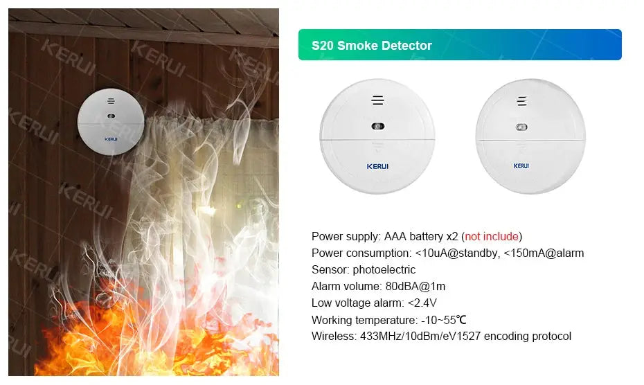 Kerui S20 smoke detectors, white circular sensors mounted on a wall with flames in the foreground.