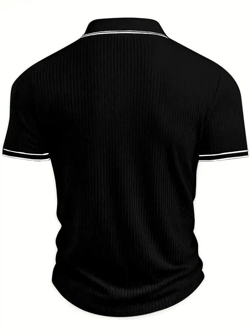 Men's black short-sleeve polo shirt, rear view, with white piping on collar and cuffs