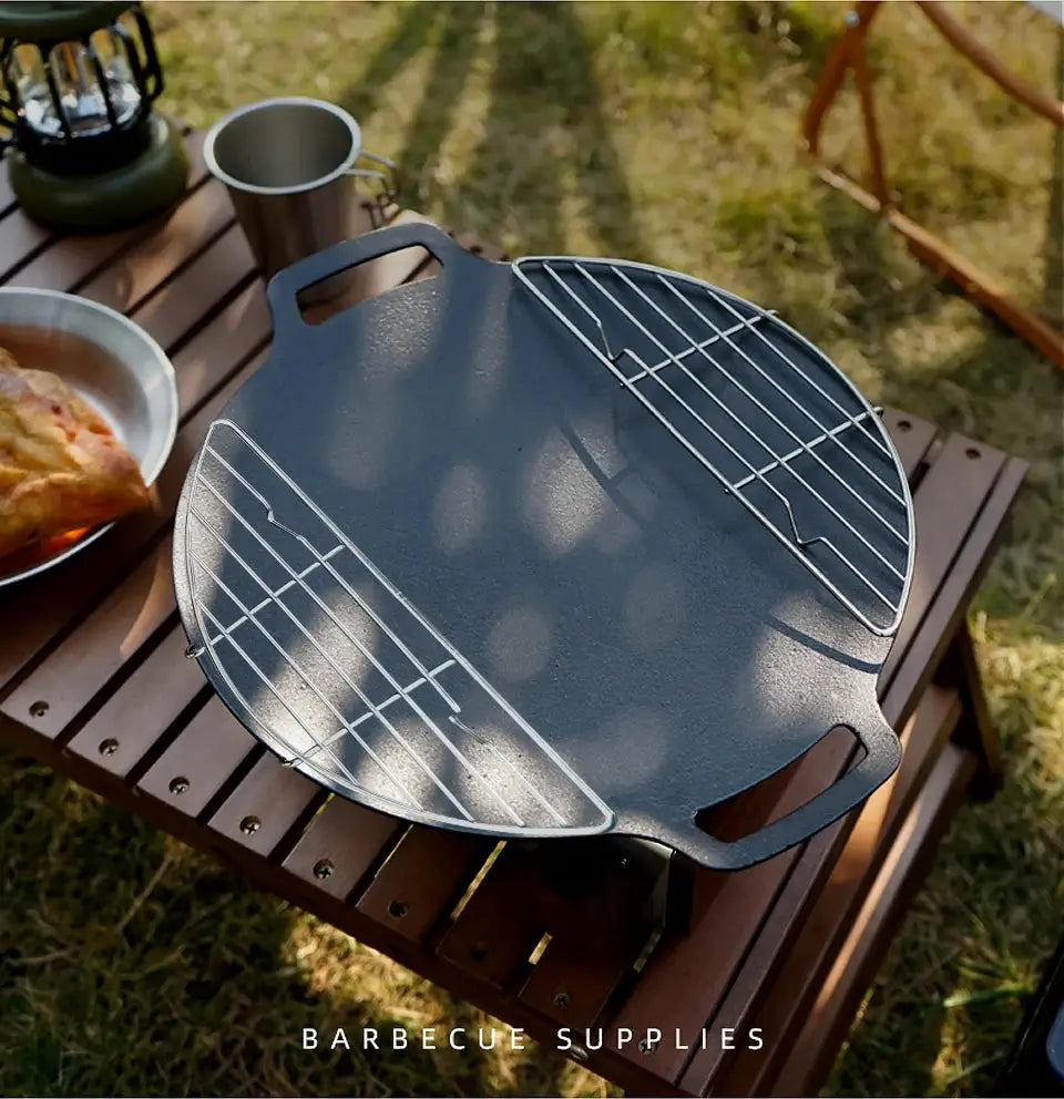 Outdoor round stainless steel barbecue grill pan with dual side racks for camping