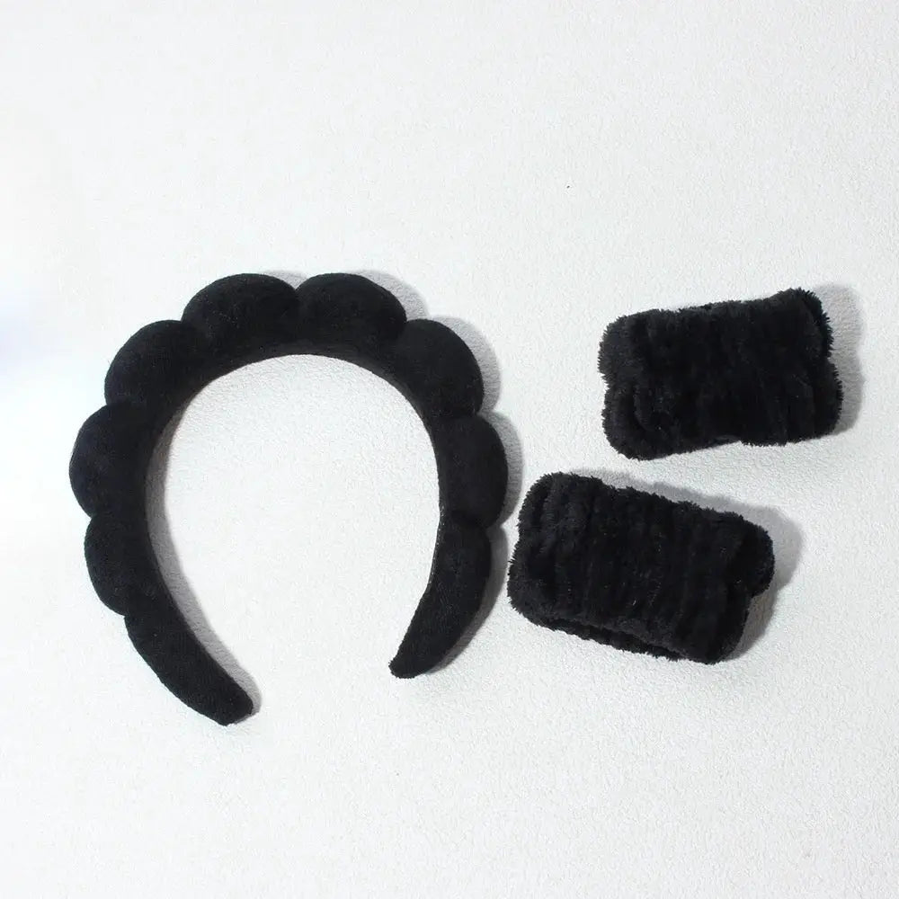 Three Piece Bubble Headband Set With Wristbands And Scrunchies For Face Washing Makeup And Shower Spa Skincare