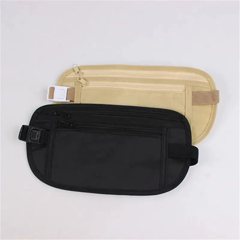 Invisible travel waist packs by Simples Market, black and beige twin pouches for passport and money belt.