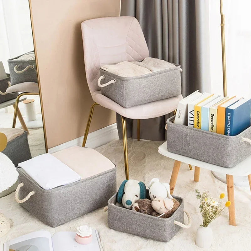 Gray folding linen storage basket set with handles; multi-purpose organizer for underwear, socks, toys (3 pieces).