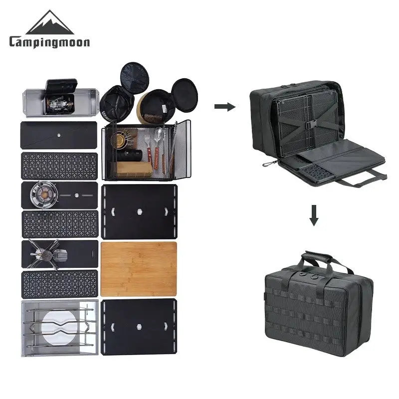Campingmoon BK-46 large-capacity storage bag with IGT modular camping kit; black organizer panels and carry bag.