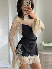 Elegant Satin Dress With Lace Trim For Women High Neck Color Block Y2K