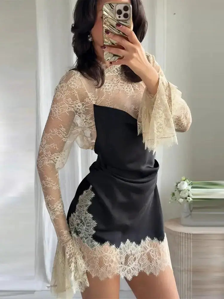 Elegant Satin Dress With Lace Trim For Women High Neck Color Block Y2K