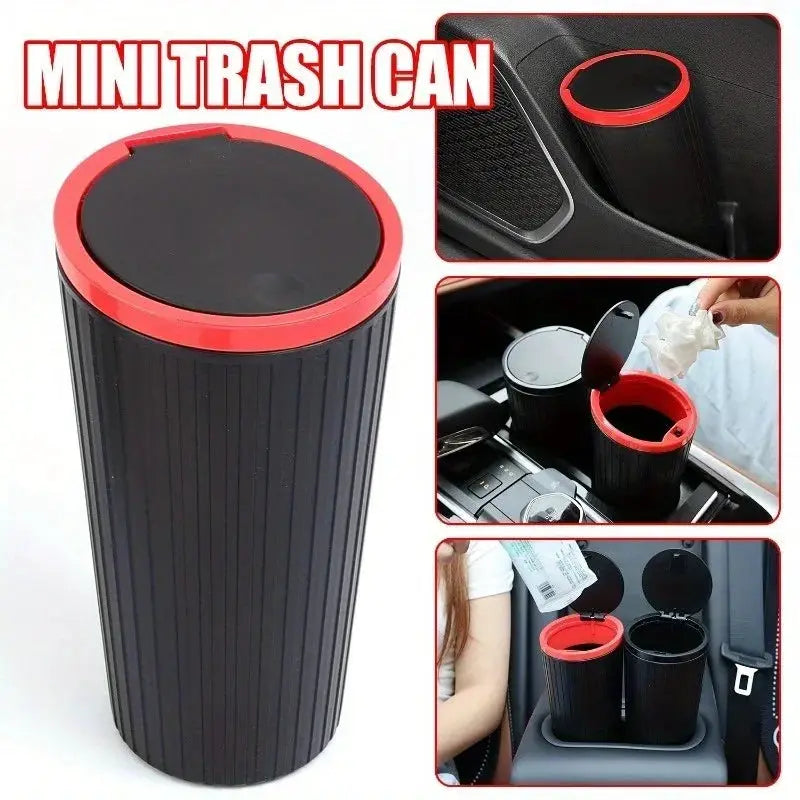 Simples Market mini car trash bin, black ribbed cylinder with red rim, auto interior organizer