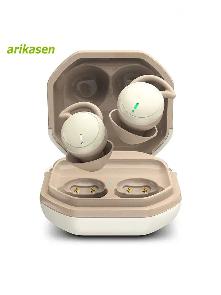 Bluetooth sleep earbuds pair in beige with charging case, arikasen logo visible