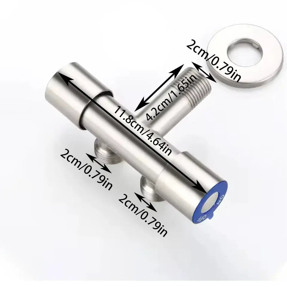 Simples Market stainless steel angle valve with 1 inlet and 2 outlets, dual control handle, blue dial