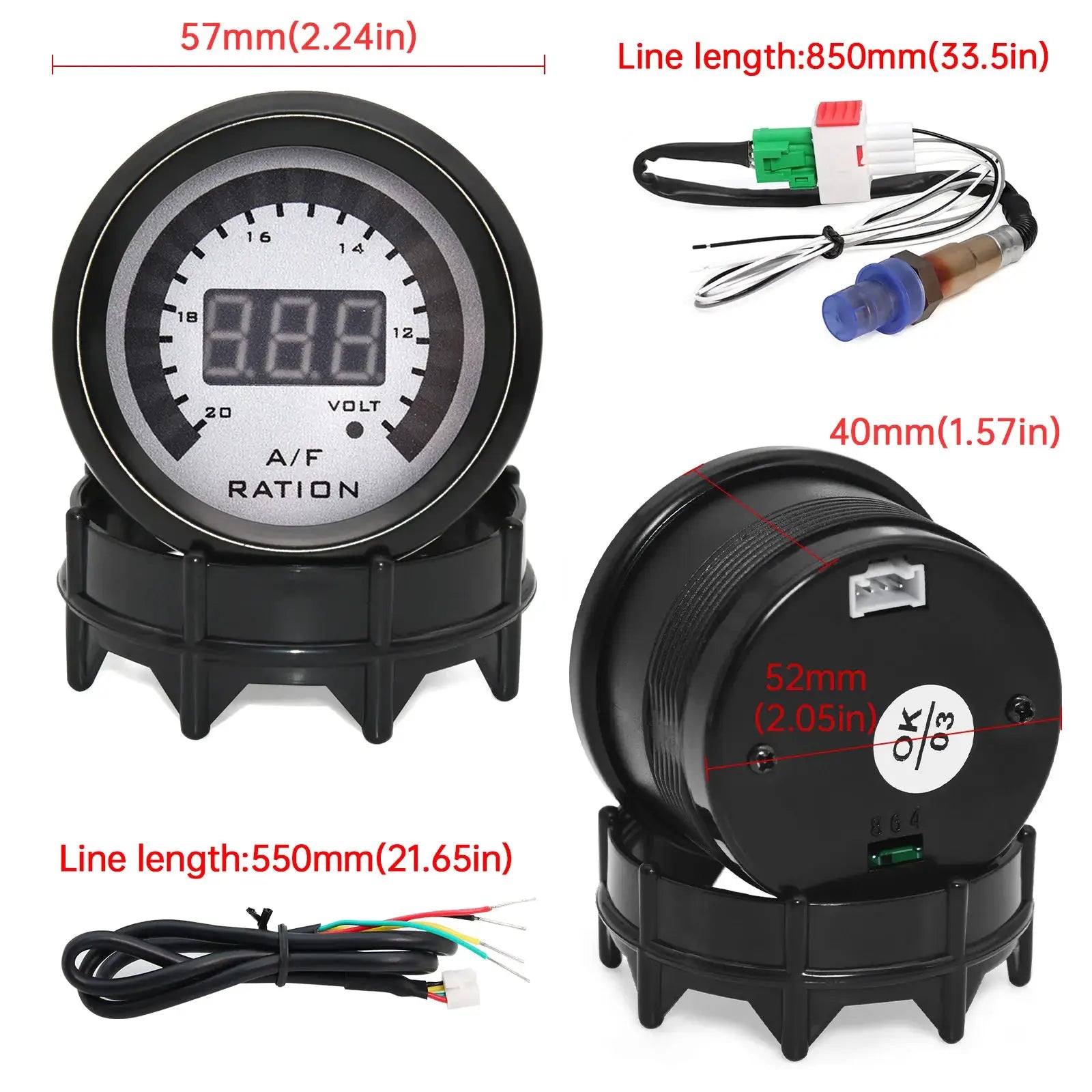 Simples Market 2-in-1 AFR and voltmeter gauge for 12V vehicles; black housing, silver face, wiring harness and O2 sensor