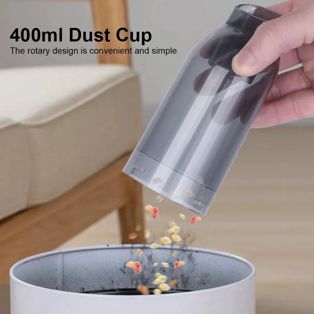 Cordless handheld car vacuum cleaner with transparent gray body and 400ml dust cup
