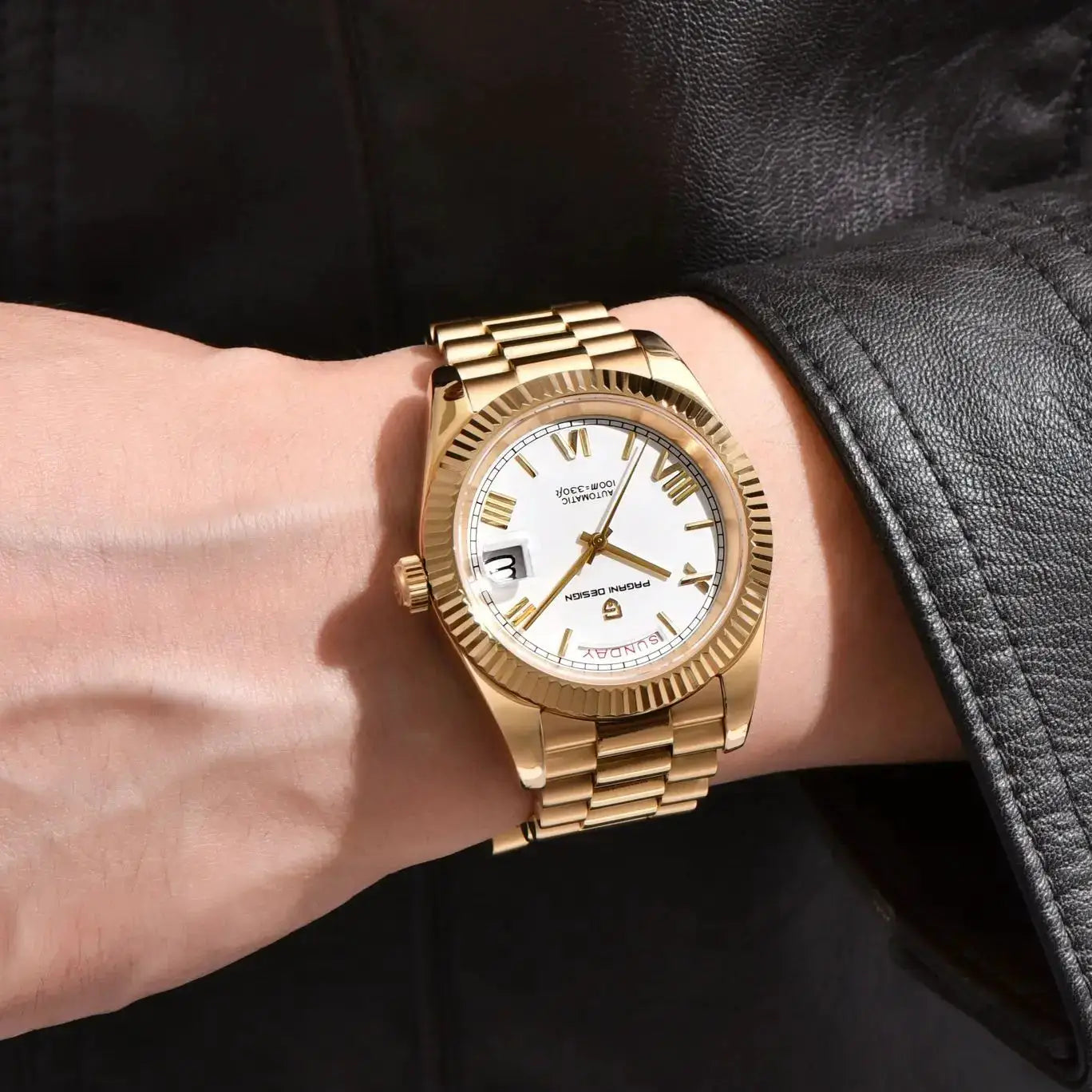 Pagani Design DD40 gold-tone men's automatic watch with white dial and date window on a gold bracelet