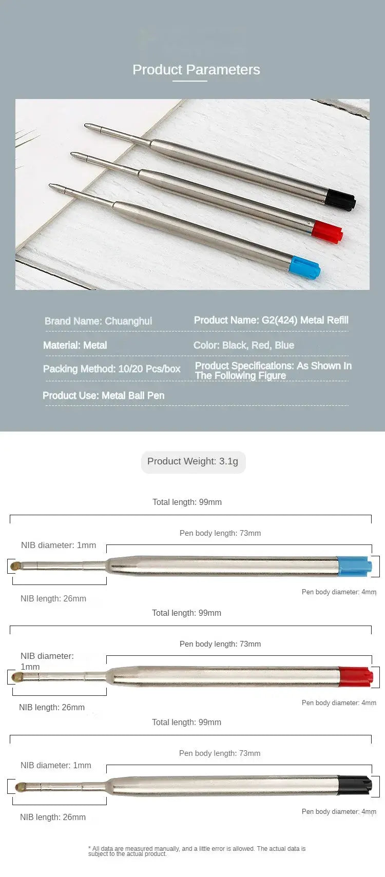 Ballpoint pen refills set, 4-pack metal rods with blue, red and black caps for Parker pens Simples Market