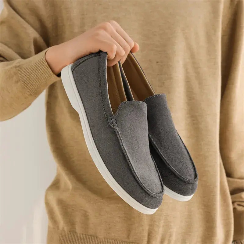Men's grey suede loafers with white sole, slip-on moccasin style (2 pairs)