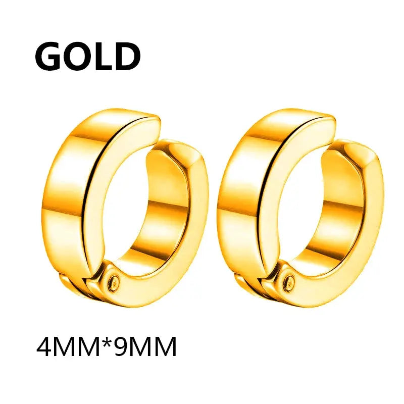 Gold stainless steel ear clip hoops, 2-pc set, no-pierce fake earrings, 4mm x 9mm