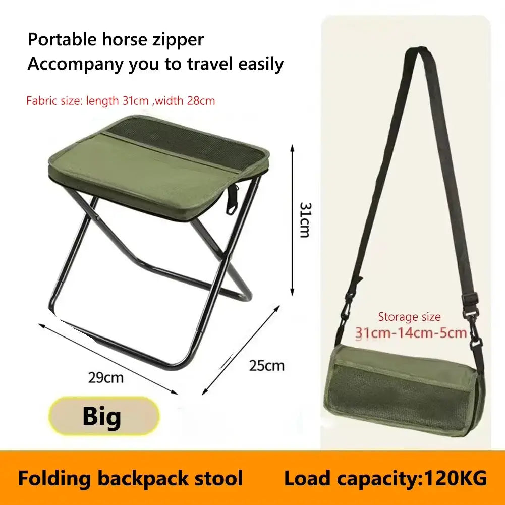 Green folding backpack stool with shoulder strap; compact carry bag, metal frame, 120kg capacity.