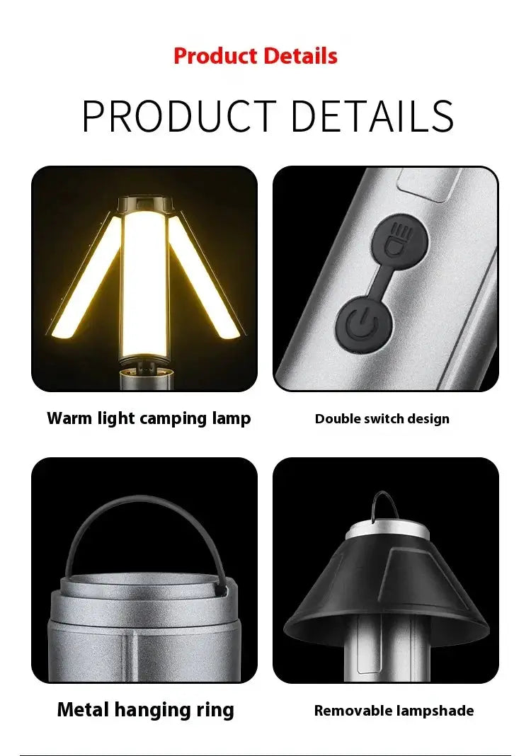 Rechargeable camping lantern by Simples Market; foldable warm light with double switch, metal hanging ring, lampshade