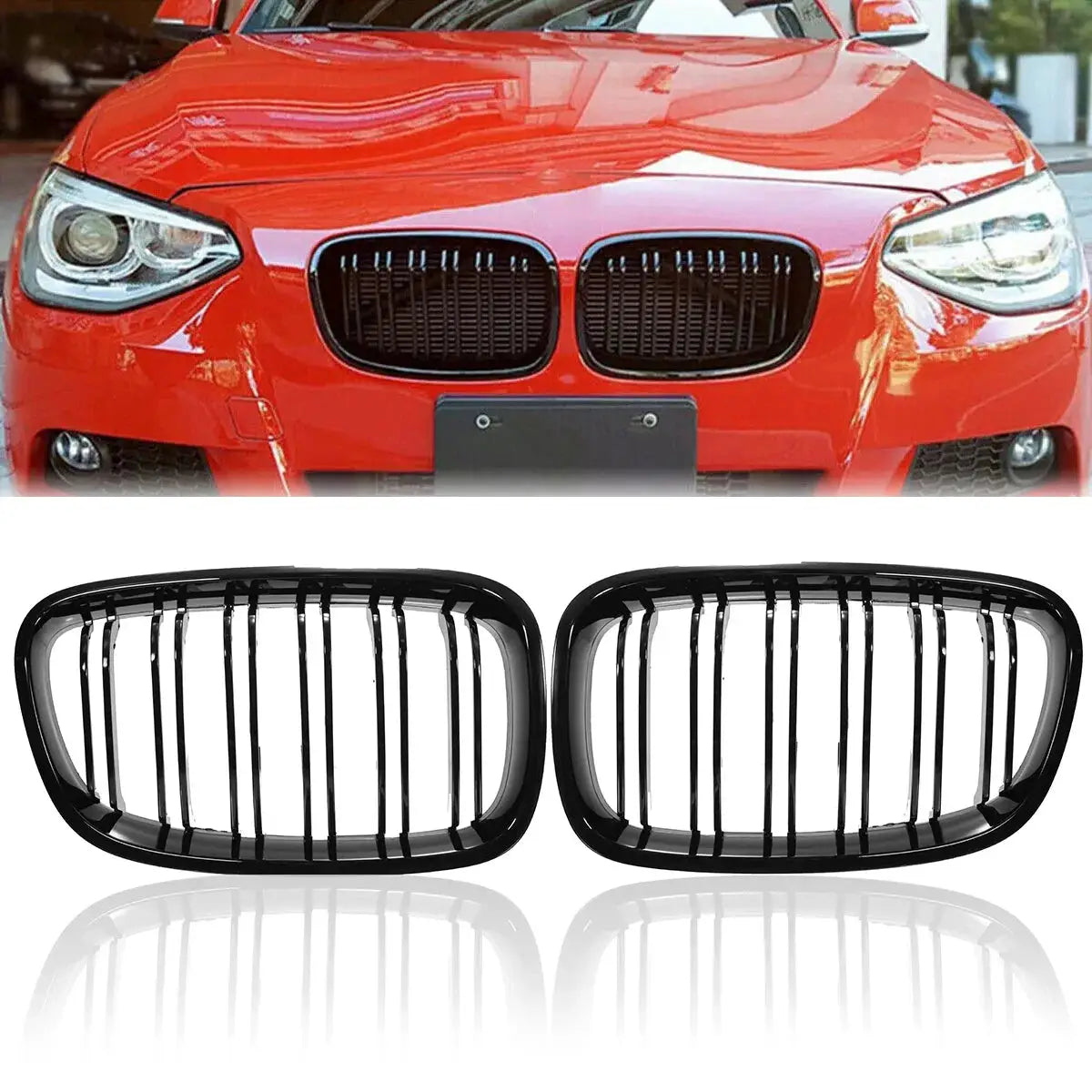 Pair of gloss black kidney grilles for BMW 1 Series F20/F21 (2011–2014), double-slatted racing replacement grills