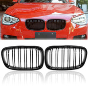 Pair of gloss black kidney grilles for BMW 1 Series F20/F21 (2011–2014), double-slatted racing replacement grills