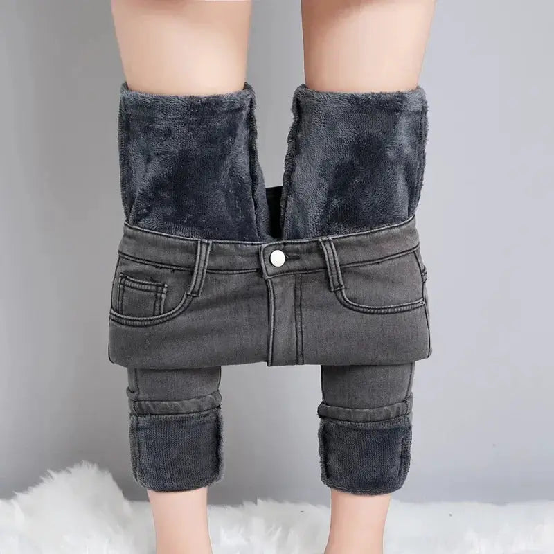 Women Thermal Jeans Fleece Lined Warm Stretch Slim Fit Pants Korean
