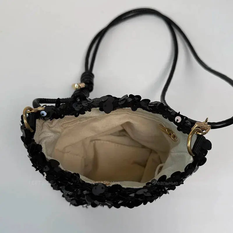 LEFTSIDE mini sequins shoulder bag, black with beige interior lining and gold-tone hardware