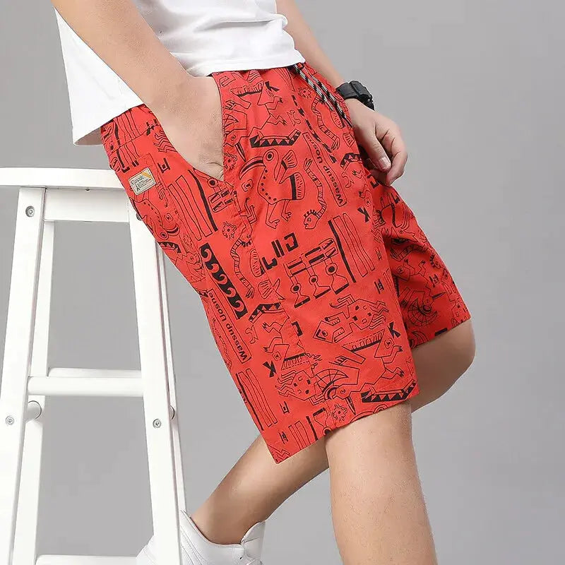 Men's red printed 100% cotton shorts with elastic waist; casual beach relaxed-fit shorts