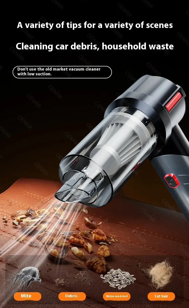 CENRR cordless car vacuum cleaner by Simples Market; black handheld with transparent dustbin