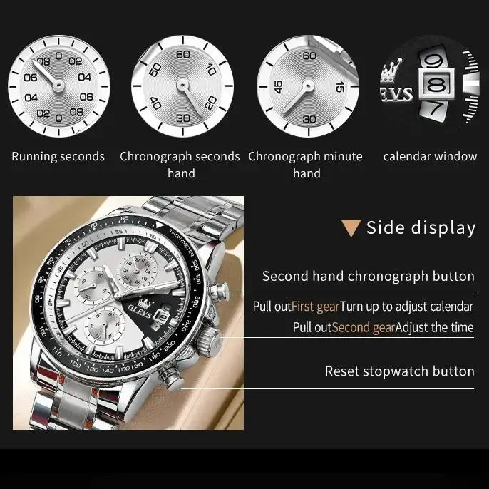 OLEVS TY705 men's stainless steel chronograph watch with calendar window and black bezel