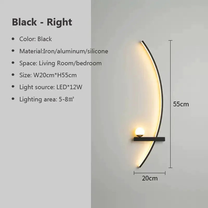 LED wall lamp, black curved design, 55 cm tall with warm LED light for living room or bedroom.