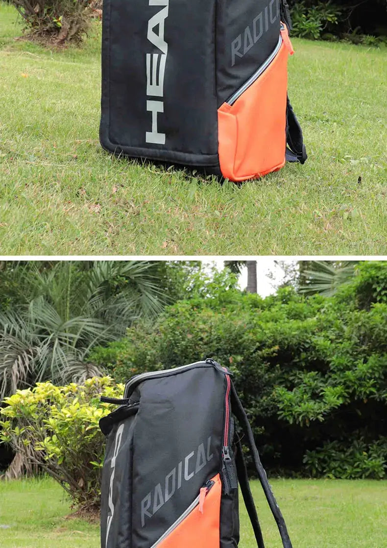 HEAD Radical Tennis Backpack, black with orange side pocket and bold HEAD logo.