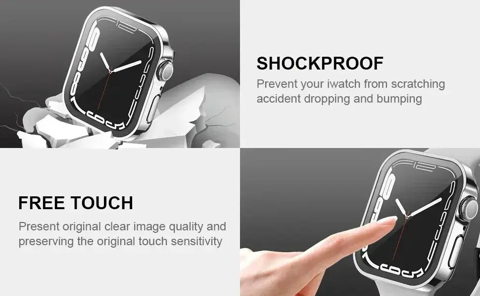Simples Market Apple Watch tempered glass screen protector 40–46mm with PC bumper, shockproof; two watches shown