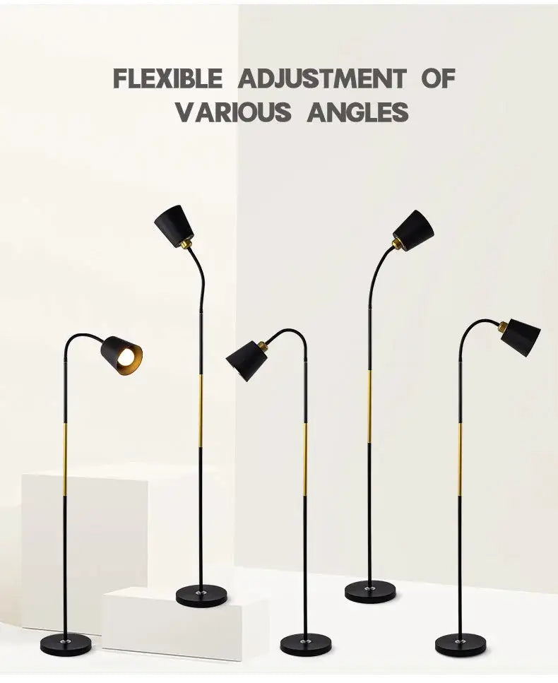 Floor lamp set by Simples Market: five black wrought-iron LED standing lamps with adjustable heads and gold accents.