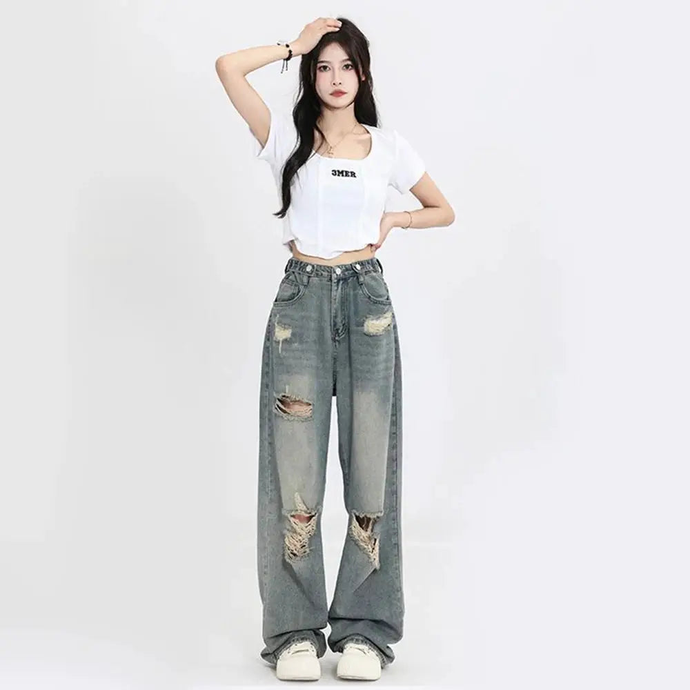 American Retro Hole Punched Jeans Women High Waist Wide Leg Pants