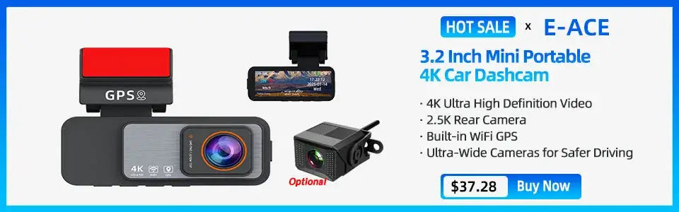 E-ACE 4K car dashcam system with GPS and optional rear camera by Simples Market