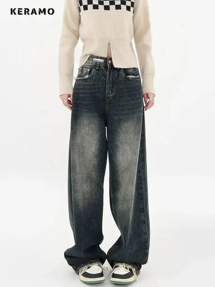 Harajuku Streetwear High Waist Jeans Loose Wide Leg Denim Trousers