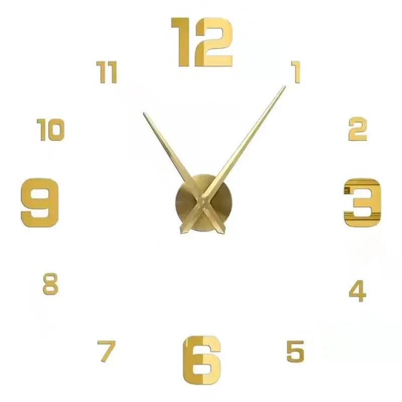 Gold-tone 3D wall clock with oversized numeric markers and gold hands for living room decor