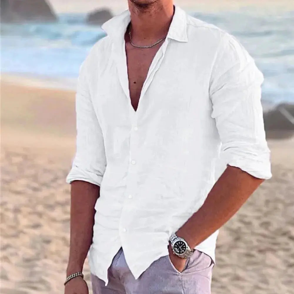 Men's solid white cotton-linen beach shirt, long-sleeve casual button-down