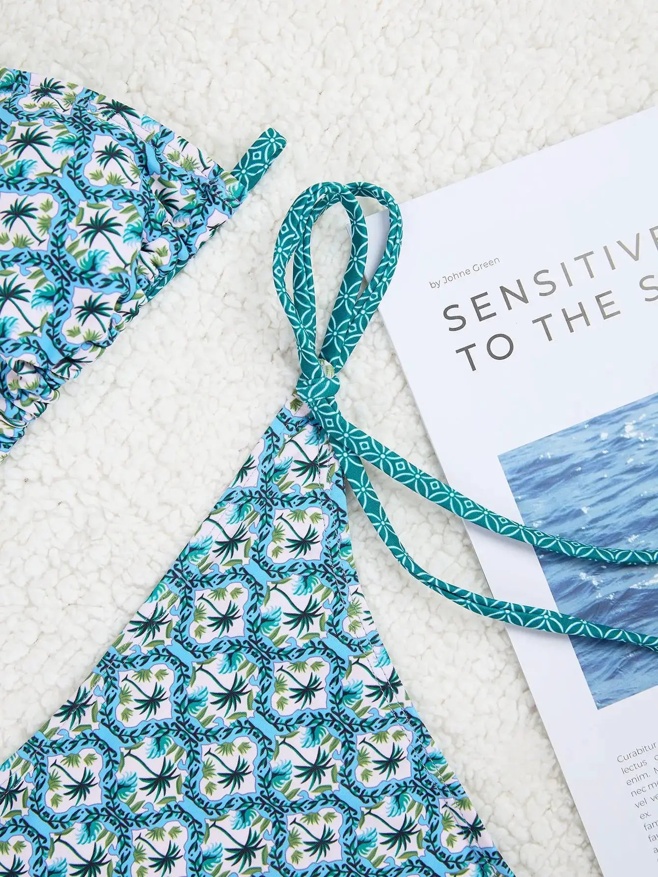 Simples Market triangle bikini set in teal palm-print fabric with push-up top and Brazilian bottoms