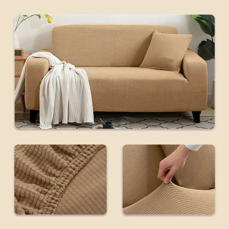 Elastic Jacquard sofa cover by Simples Market on a beige 3-seater couch; textured fabric with elastic corners
