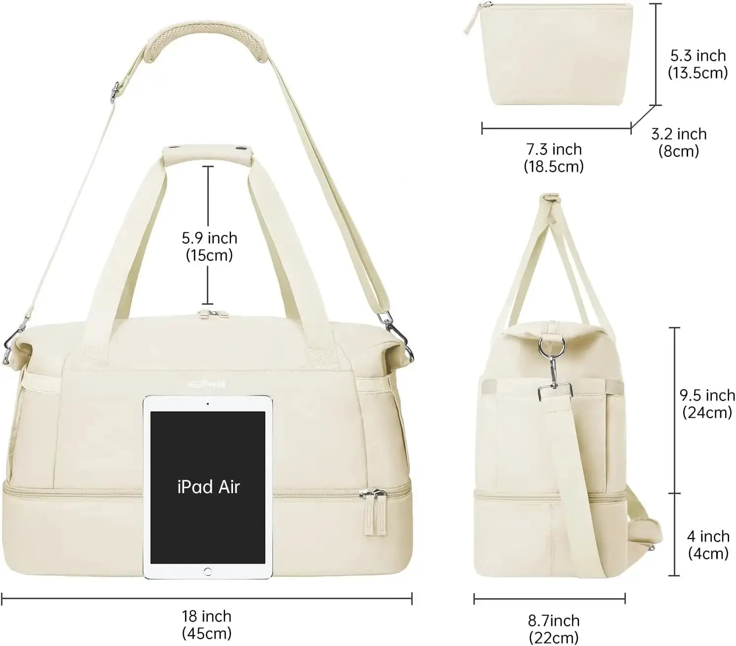 Simples Market women's cream gym bag with shoe compartment, wet pocket, and carry-on duffel style.