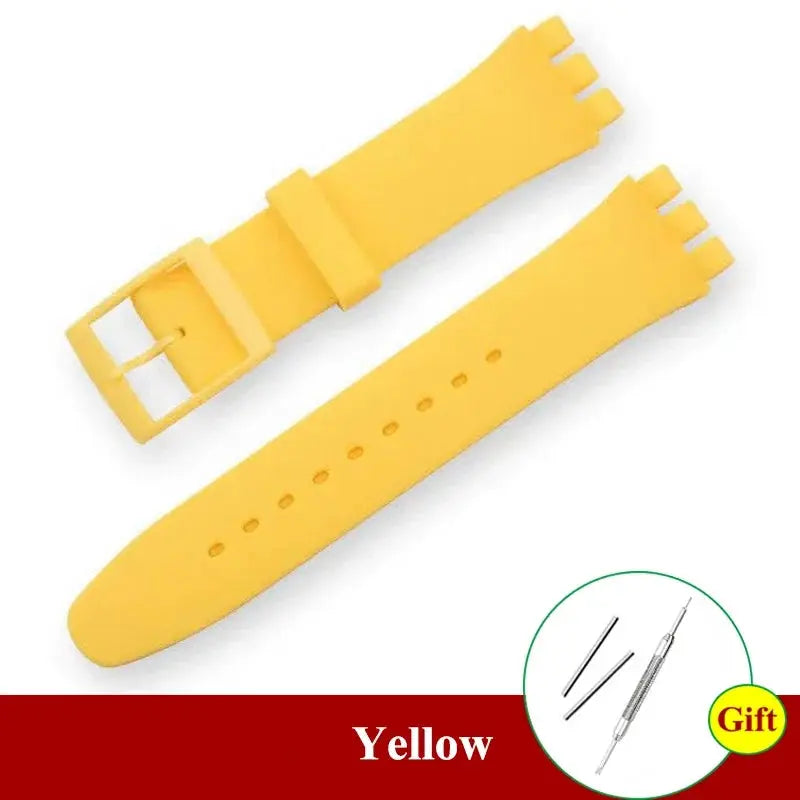 Simples Market yellow silicone Swatch watch band, unisex sport replacement strap, 16–20mm