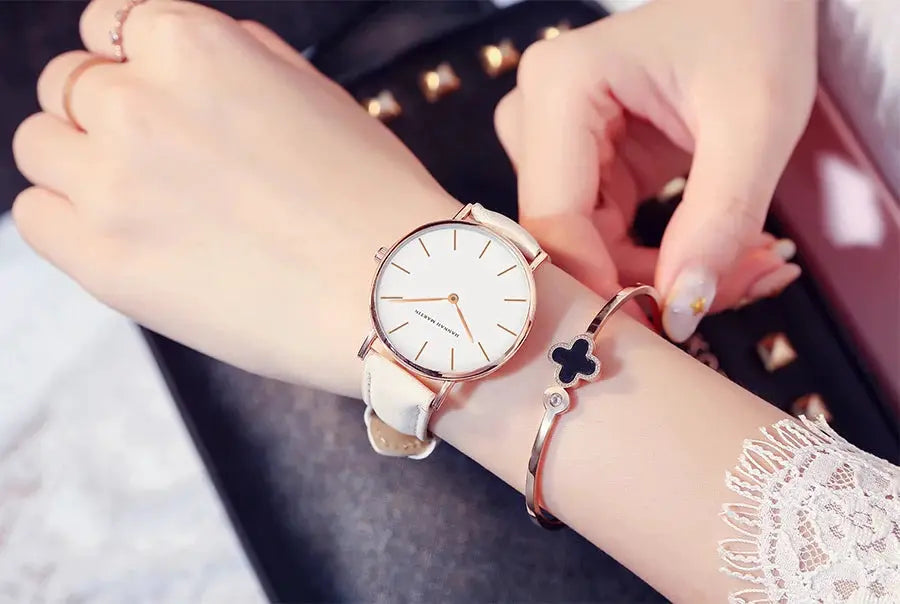 Hannah Martin wristwatch by Simples Market, rose-gold case, white dial, white leather strap, 36mm