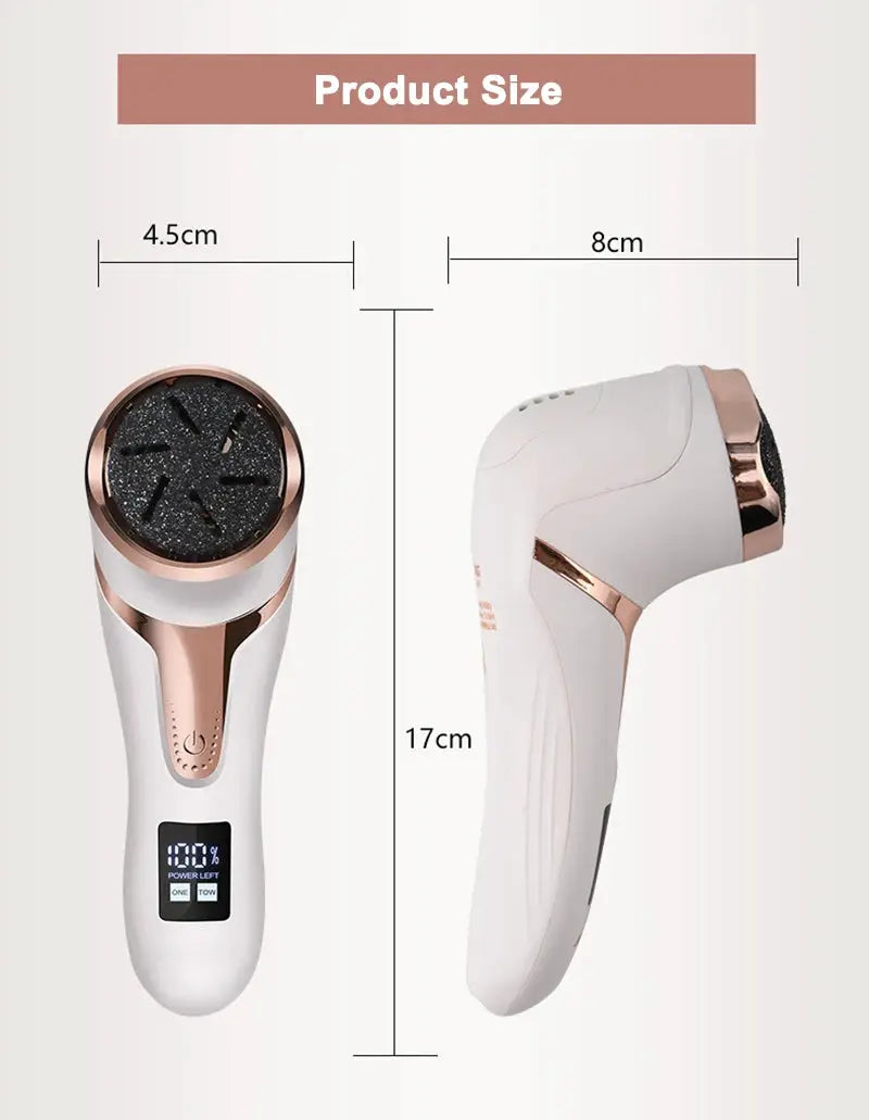 Electric pedicure tool in white with rose-gold accents; cordless foot file and callus remover.