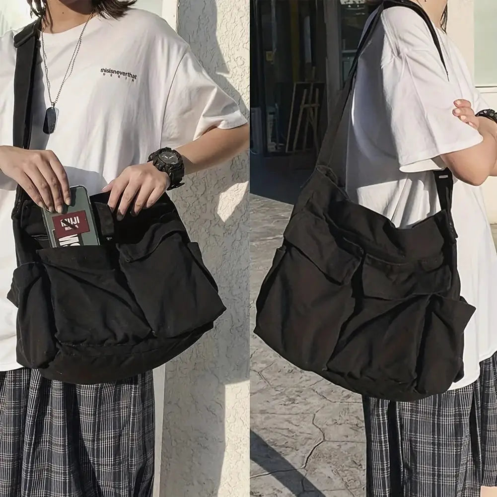 Women's school messenger bag by Simples Market, black canvas with large capacity and multiple pockets