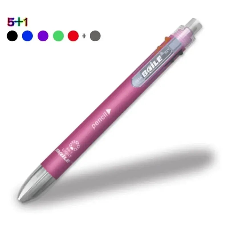 6-in-1 multicolor ballpoint pen with five ink colors and automatic pencil with eraser, pink body by Simples Market